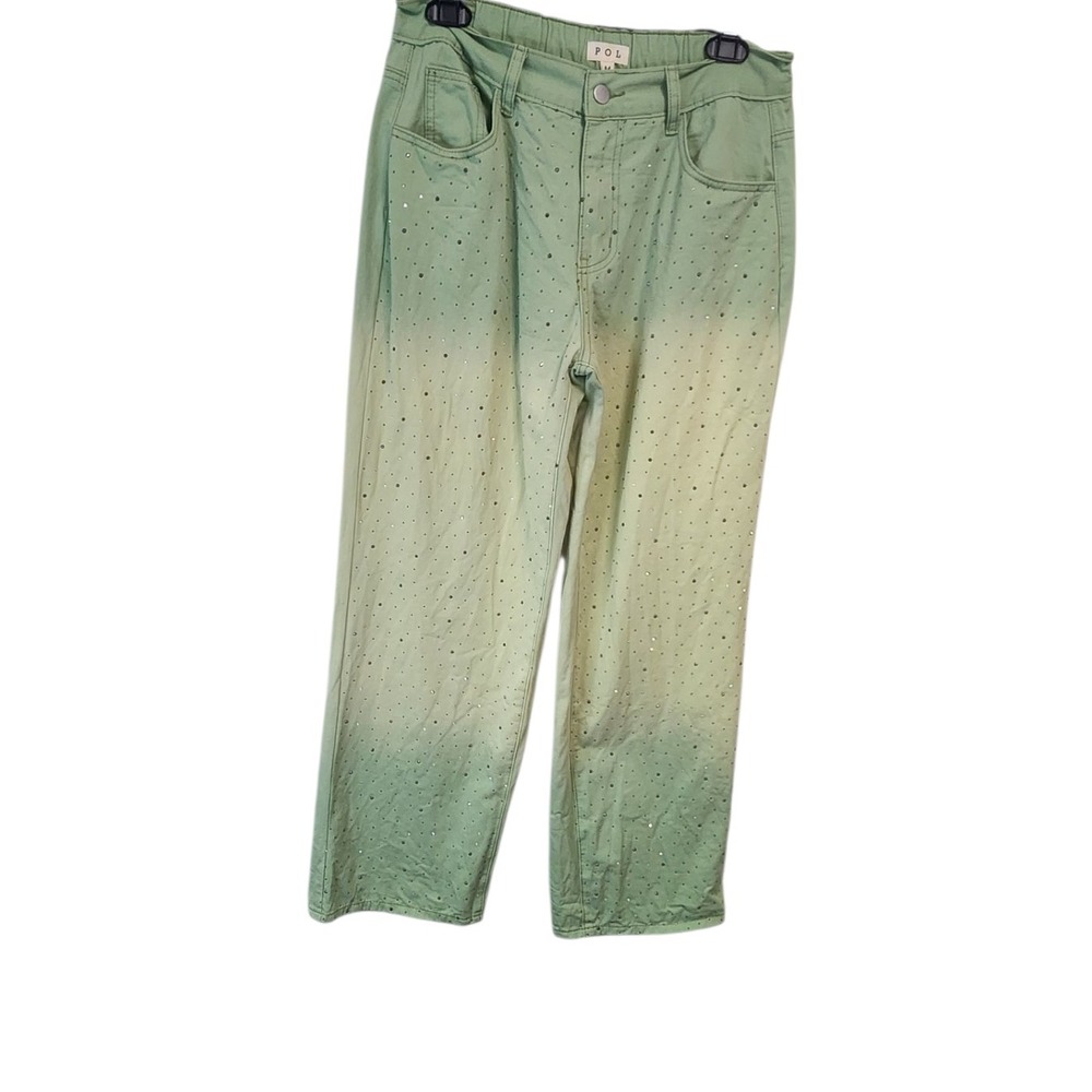 POL Jeans Women's Medium Green Distressed Studded‎ Rhinestone High Rise Denim